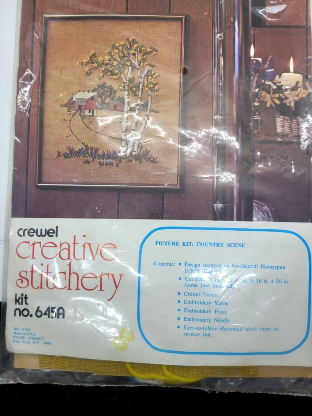 VTG Crewel Embroidery Kit No. 645A Country Scene Stamped Fabric Yarn & Needle